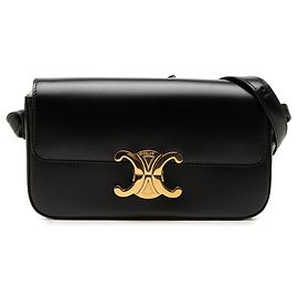Céline Bolsa de Ombro Celine Claude em Pele de Bezerro Brilhante Preta com Triomphe Preto