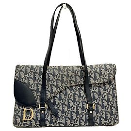 Sac Tote Saddle Christian Dior en toile Trotter x cuir Marron Bleu Marine