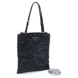 Bolsa de Ombro Prada em Couro, Cetim Preto e Cristais Preto