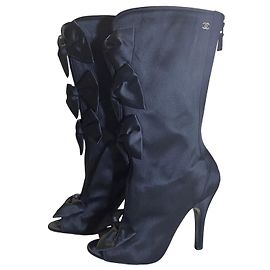 Chanel 09P Satin Boots Schwarz CC-Schleife Peep Toe EU 38 Schwarz