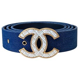 Chanel Airlines 16P Blue Denim Belt with CC Buckle Silvery Blue Golden