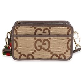 Bolsa Mini Messenger Gucci em lona Jumbo GG Camel, couro de bezerro texturizado Dollar e faixa Web Marrom