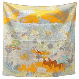 Hermès Lenço Hermes Carre 90 Le Carnaval des Animals Branco Multicor Laranja