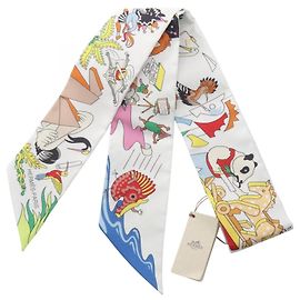 Hermès Twilly Academia Hippica Ribbon Scarf Bianco Multicolore