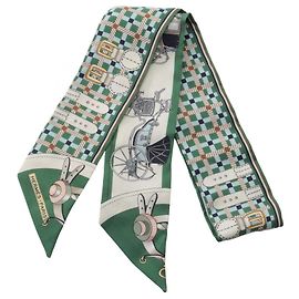 Hermès Pañuelo de seda Hermes Twilly Les Voitures a Transformation Multicolor Verde Crudo