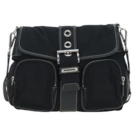Prada Double Pocket Buckle Flap Tessuto and Leather Medium Nero