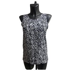 CHANEL Vintage Printed Silk Sleeveless Top – Black & Grey Monogram Camellia Pattern Other