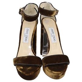 Jimmy Choo Brown Velvet and Leather Ankle Strap Platform Sandals Brown