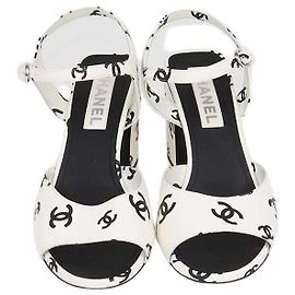 Chanel White,Black Leather CC Print Block Heel Ankle Strap Sandals Other