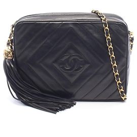 Bolsa de Ombro Chanel Diamond Stitch Coco Mark com Tassel Preto