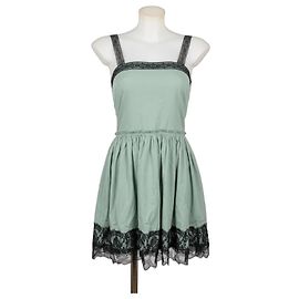 Lanvin Green Cotton Mini Dress with Black Lace Black Green