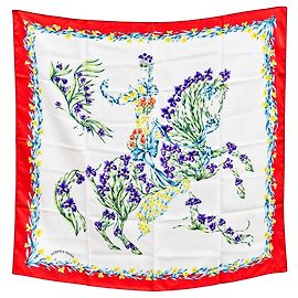 Hermès Carré en soie "Le Cheval de Flore" Blanc Rouge Bleu Vert Violet Jaune