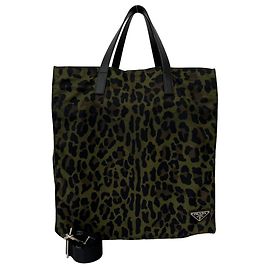 Saco Tote Prada em nylon e couro com estampa de leopardo e logótipo triangular Preto Verde