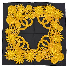 Foulard in seta vintage Chanel Nero Giallo