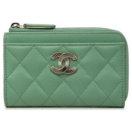 Chanel Coco Mark Matelassé L-shaped Zipper Fragment Case Green