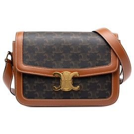 Céline Celine Brown Classique Triomphe Coated Canvas and Calfskin Triomphe Crossbody Marron Marron foncé