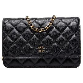 Chanel Black CC Quilted Caviar Wallet on Chain Preto