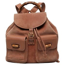 Sac à dos Gucci Large en daim marron avec cordon de serrage et bambou Marron