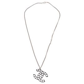Chanel Silver CC Brass Resin Studded Pendant Necklace Silvery