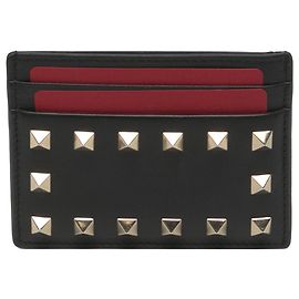 Valentino Black Leather Rockstud Card Holder Black