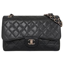 Chanel Classic Jumbo Double Flap Black Caviar Leather Silver Hardware Black