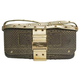 Christian Dior Metallic Python Cannage Clutch Bag Golden Dark brown