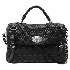 MIU MIU MATELASSÉ PLISSE BLACK LEATHER HANDBAG SHOULDER STRAP PLISSED HAND BAG Black