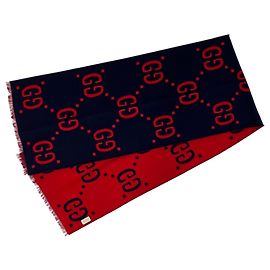 Sciarpa Gucci in misto lana e seta jacquard GG Rosso Blu navy