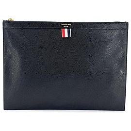 Porte-documents zippé en cuir avec appliqué Thom Browne Bleu Marine
