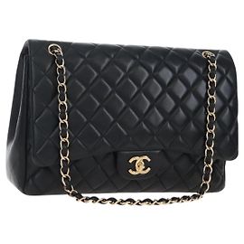 Bolsa Chanel Classic Single Flap em pele de cordeiro acolchoada Jumbo Preto