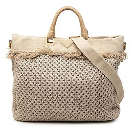 Saco Tote Prada em malha mesh com logótipo triangular e franjas Bege