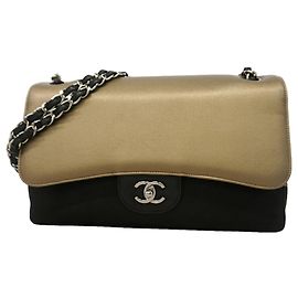 Bolso Chanel Double Flap Negro Caqui Cuero Negro Caqui