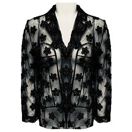 Simone Rocha Black Floral Lurex Embellished Sheer Mesh Tulle Blazer Black