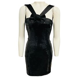 Alessandra Rich Black Sequin Mini Dress with Silk Bow Black