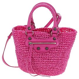 Balenciaga Le Cagole Panier em ráfia tecida e couro Large Rosa