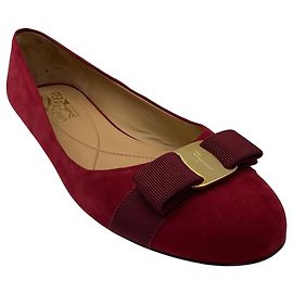 Salvatore Ferragamo Red Suede Flats with Grograin Bow and Gold Hardware Red