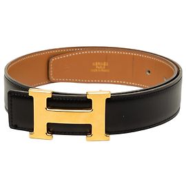 Cinto Reversível Constance H Hermès em couro Box Calf e Courchevel preto Preto