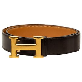 Cinto Reversível Hermès Constance H em couro Box Calf e Togo preto Preto