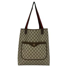 Saco Tote em couro GUCCI Vintage Sherry Line com ferragens logo GG Marrom Vermelho Verde