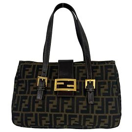 Sac à main Fendi Vintage Zucca Canvas Leather Marron Noir