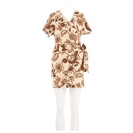 Abito SéZane in cotone beige con stampa floreale e scollo a V Beige
