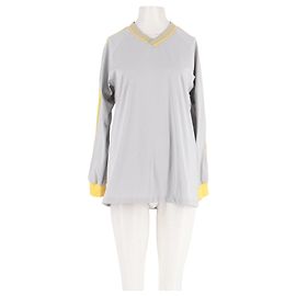 Autre Marque LIONESS Grauer Baumwollpullover mit V-Ausschnitt und gelben Streifen Grau