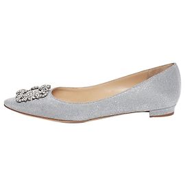 Manolo Blahnik Silver Hangisflat Glitzer-Pumps - Größe EU 38.5 Silber