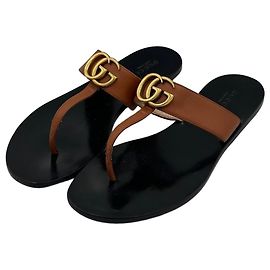 Gucci GG Marmont Leather Thong Sandals Brown Black Golden