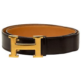 Hermès Black Box Calf and Togo Constance H Reversible Belt Black