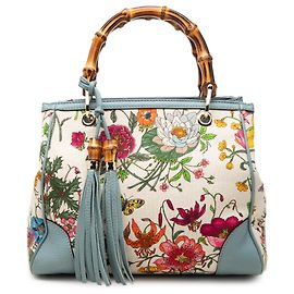 Gucci White Small Canvas Flora Bamboo Shopper Satchel White