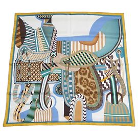 Lenço Hermès Carre 90 LA SELLE IMAGINAIRE Branco Multicor Verde Amarelo Azul claro