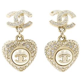 Chanel Heart Rhinestone Earrings Golden