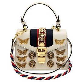 Gucci Sylvie Handbag Leather Canvas Navy Red White White Red Navy blue