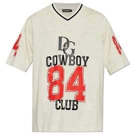 Camiseta Dolce & Gabbana Logo Cowboy Club Crema Algodón Blanco Crudo